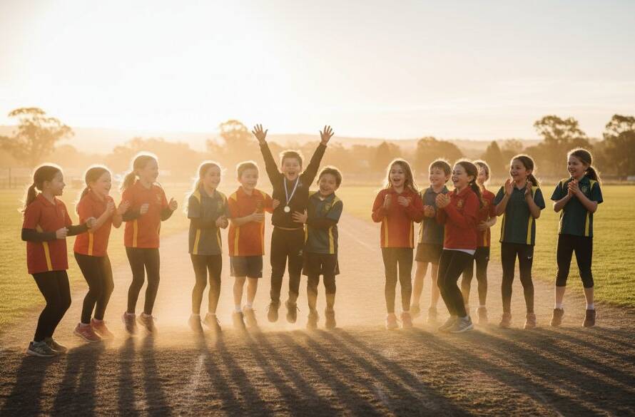 A vibrant and dramatic wide-angle shot of a group of excited primary school students in Koo Wee Rup, Victoria, celebrating a graduation ceremony on a sunny afternoon in front of a historic school building. The golden hour light dramatically backlights their joyous faces, highlighting the 'Koo Wee Rup school photography capturing authentic student milestones Victoria' theme. Professional colour grading with warm tones.