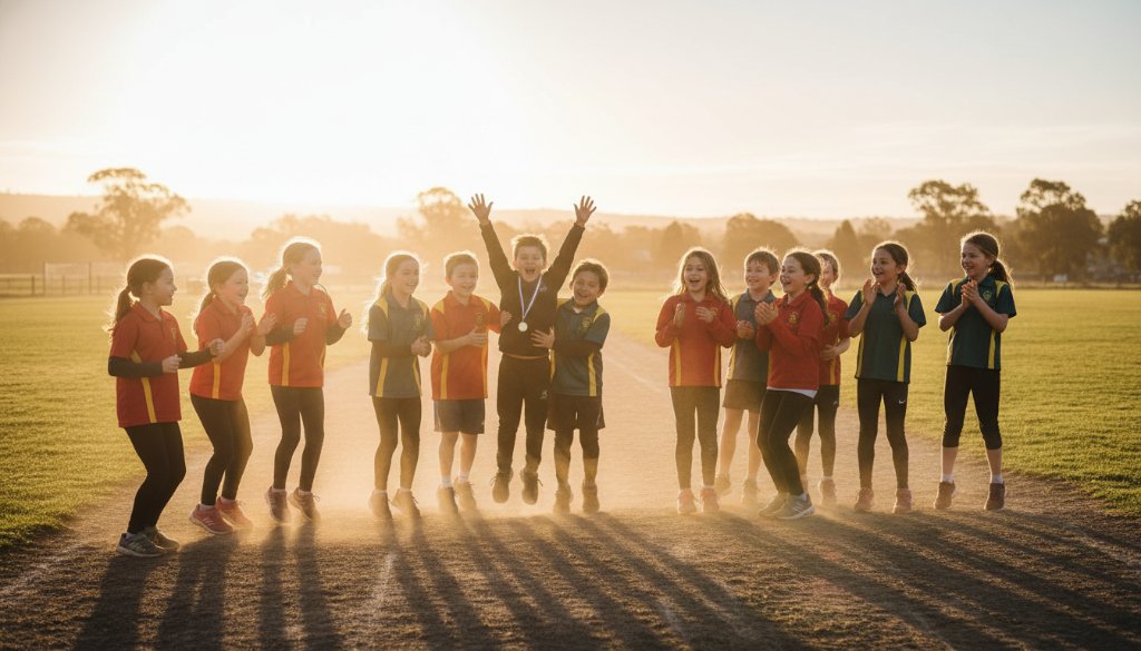 A vibrant and dramatic wide-angle shot of a group of excited primary school students in Koo Wee Rup, Victoria, celebrating a graduation ceremony on a sunny afternoon in front of a historic school building. The golden hour light dramatically backlights their joyous faces, highlighting the 'Koo Wee Rup school photography capturing authentic student milestones Victoria' theme. Professional colour grading with warm tones.