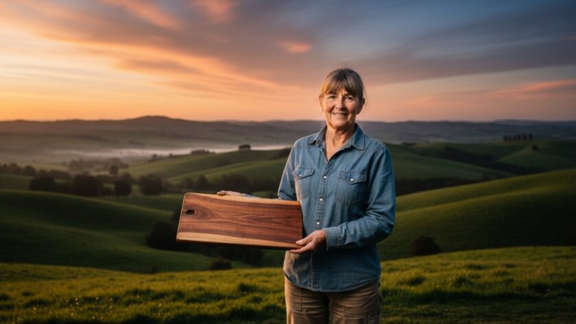 A Korumburra advertising photography for local businesses shot featuring a dramatic, cinematic wide-angle view of a local artisan proudly showcasing their handcrafted product against the stunning, rolling green hills of Korumburra at sunrise, with golden light illuminating their work and face.
