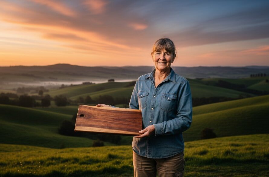 A Korumburra advertising photography for local businesses shot featuring a dramatic, cinematic wide-angle view of a local artisan proudly showcasing their handcrafted product against the stunning, rolling green hills of Korumburra at sunrise, with golden light illuminating their work and face.