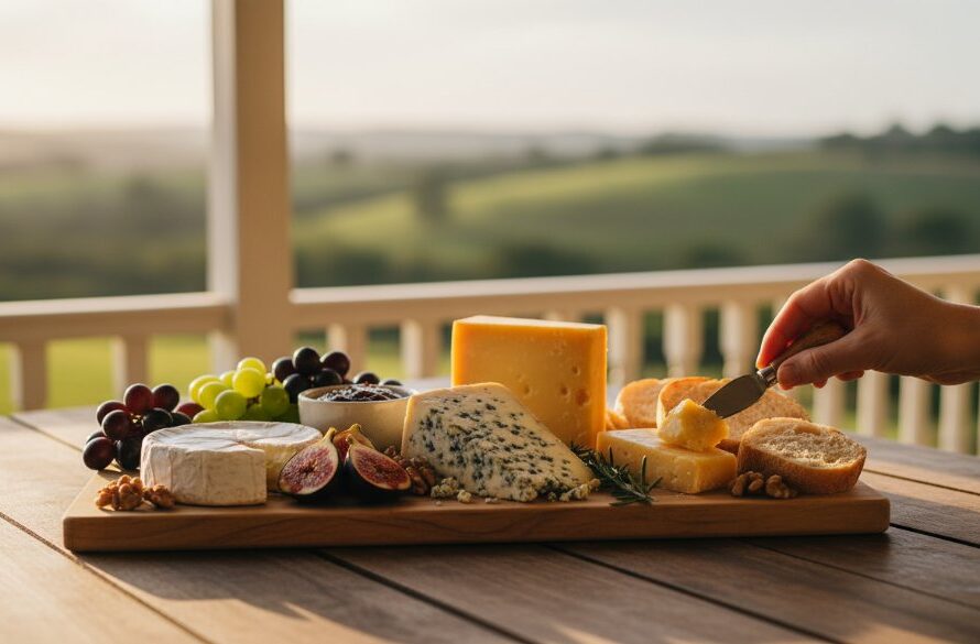 Dramatic, high-contrast Korumburra artisanal cheese product photography showing a perfectly styled cheese board with local produce, dappled sunlight, and a rustic Korumburra backdrop, highlighting the creamy textures and rich colours of the cheese.