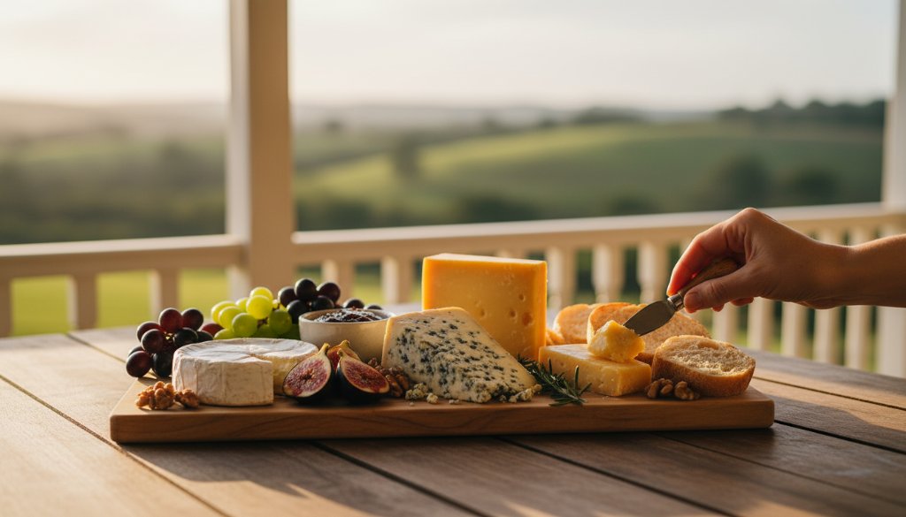 Dramatic, high-contrast Korumburra artisanal cheese product photography showing a perfectly styled cheese board with local produce, dappled sunlight, and a rustic Korumburra backdrop, highlighting the creamy textures and rich colours of the cheese.