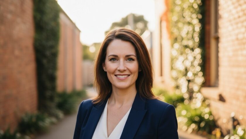 A professional woman, mid-laugh, looking directly at the camera with genuine warmth, captured outdoors in Korumburra at golden hour, showcasing Korumburra authentic professional headshots for local success. The background features blurred, rustic Korumburra architecture, emphasizing authenticity.