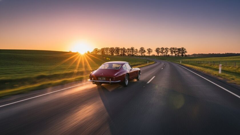 A vintage crimson sports car dramatically posed on a winding, tree-lined road at sunset, capturing the essence of Korumburra classic car photography scenic drives with golden hour light illuminating its sleek lines.