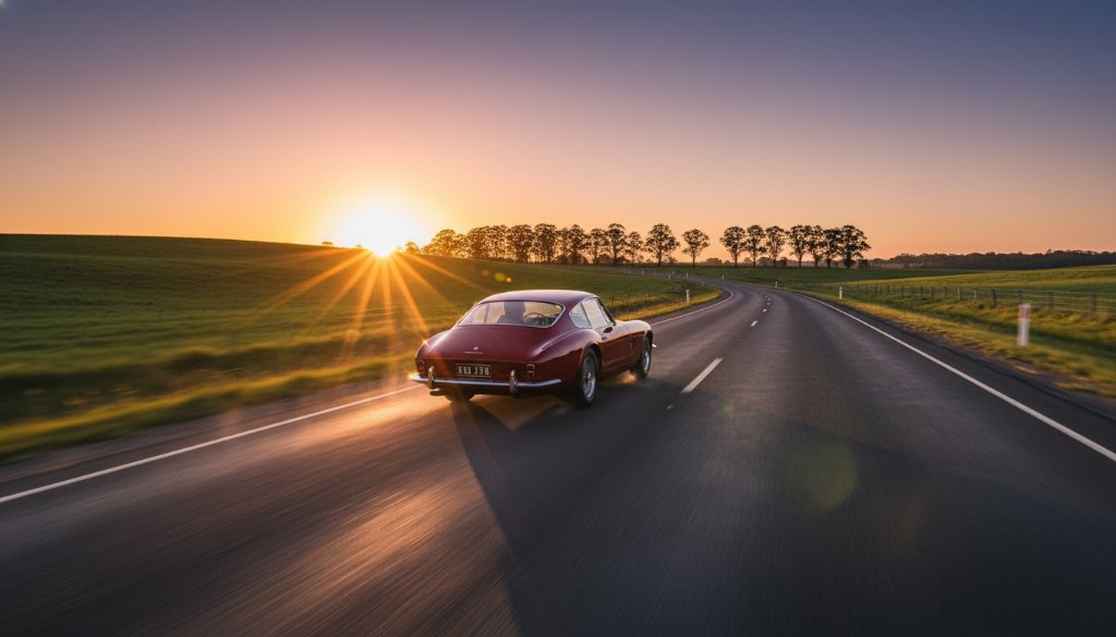 A vintage crimson sports car dramatically posed on a winding, tree-lined road at sunset, capturing the essence of Korumburra classic car photography scenic drives with golden hour light illuminating its sleek lines.