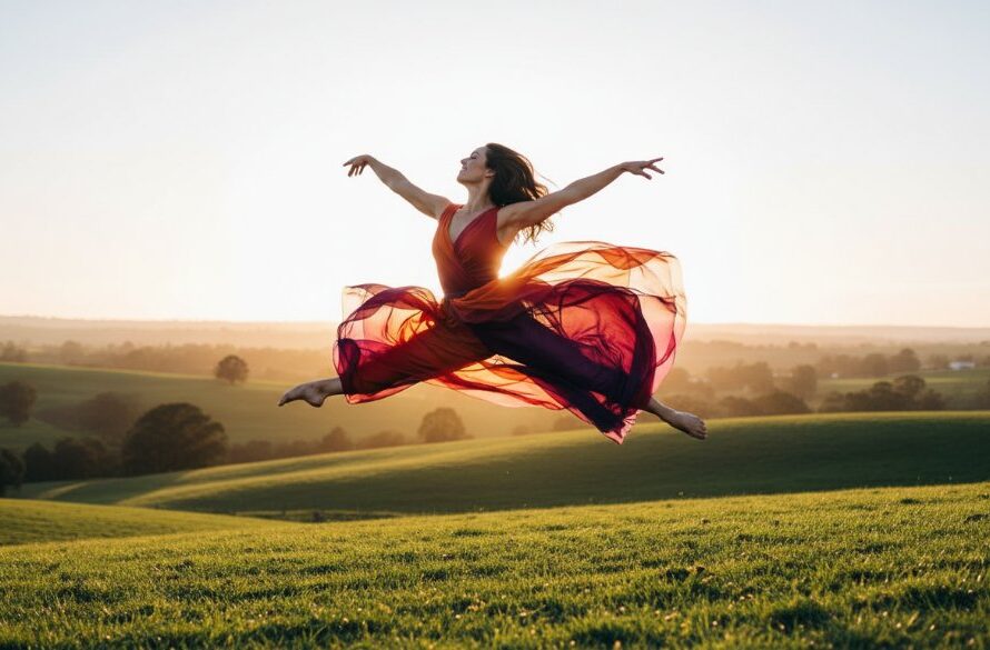 An exquisite Korumburra dynamic dance photography storytelling shot: a dancer mid-air in a powerful leap against a soft-focus Korumburra rural backdrop, dramatically lit at sunset, showcasing incredible athleticism and grace.