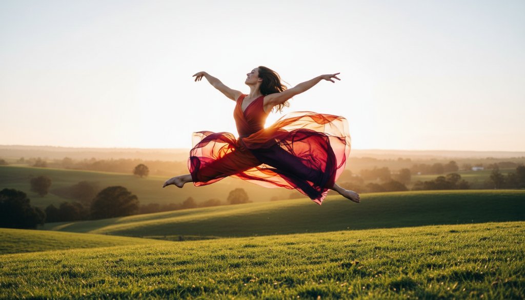 An exquisite Korumburra dynamic dance photography storytelling shot: a dancer mid-air in a powerful leap against a soft-focus Korumburra rural backdrop, dramatically lit at sunset, showcasing incredible athleticism and grace.