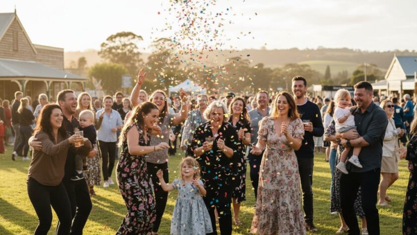 An epic moment of pure joy at a Korumburra event, featuring guests laughing and celebrating under warm, golden hour light, expertly captured by a Korumburra event photography capturing joyous milestones specialist. The image showcases genuine emotion and vibrant community spirit.