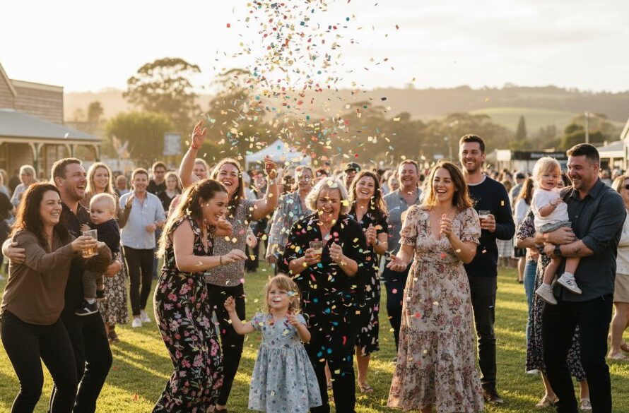 An epic moment of pure joy at a Korumburra event, featuring guests laughing and celebrating under warm, golden hour light, expertly captured by a Korumburra event photography capturing joyous milestones specialist. The image showcases genuine emotion and vibrant community spirit.