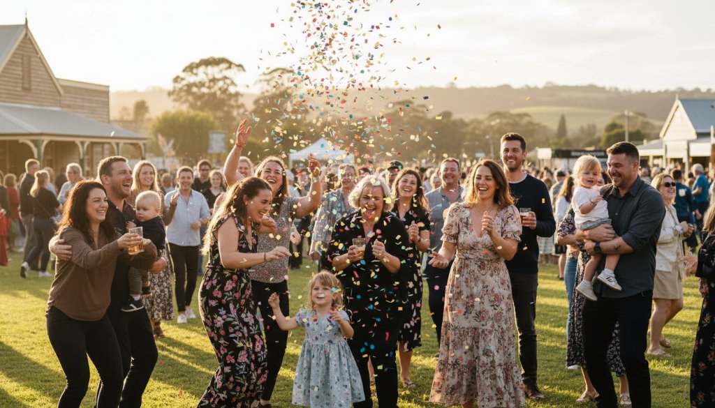 An epic moment of pure joy at a Korumburra event, featuring guests laughing and celebrating under warm, golden hour light, expertly captured by a Korumburra event photography capturing joyous milestones specialist. The image showcases genuine emotion and vibrant community spirit.