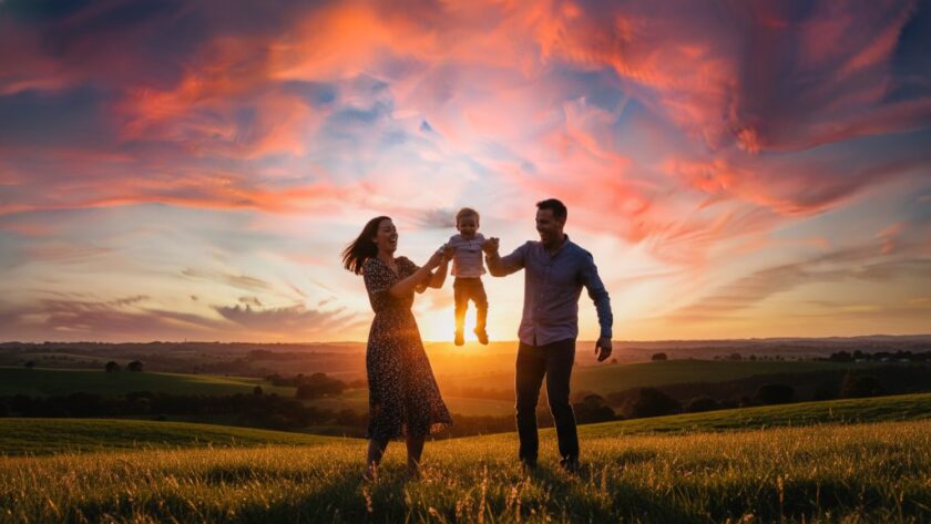 A heartwarming moment captured during a Korumburra family photography session, featuring parents embracing their laughing child against a backdrop of rolling green hills at sunset, evoking a sense of joy and connection.
