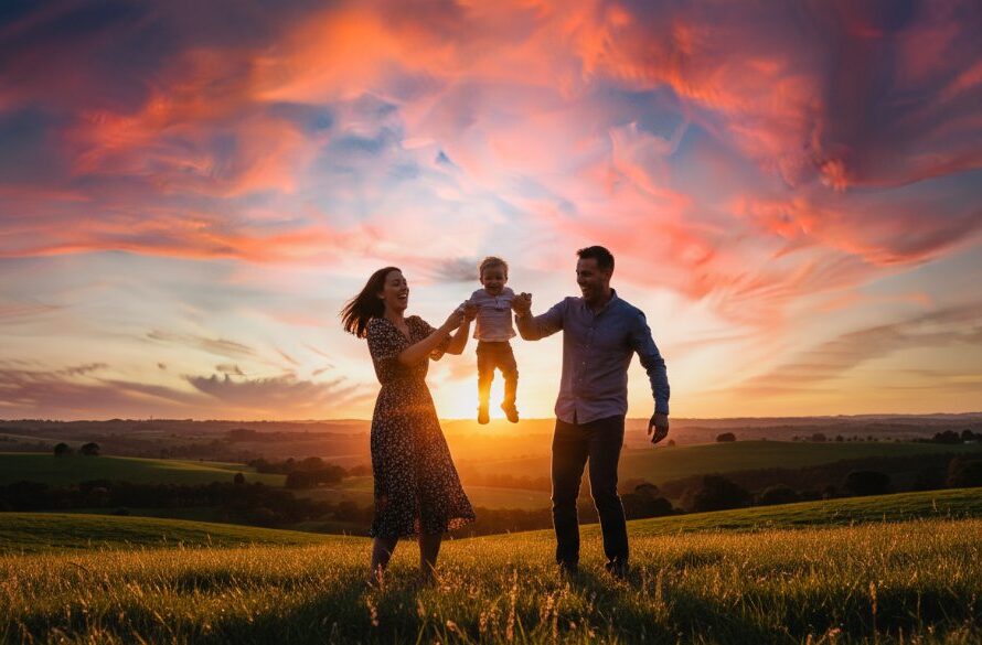 A heartwarming moment captured during a Korumburra family photography session, featuring parents embracing their laughing child against a backdrop of rolling green hills at sunset, evoking a sense of joy and connection.
