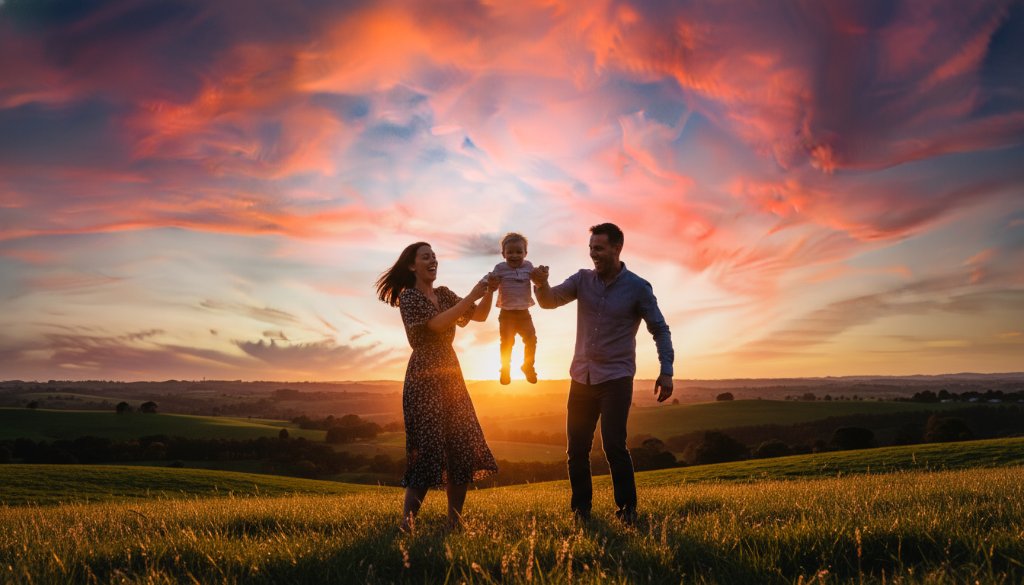 A heartwarming moment captured during a Korumburra family photography session, featuring parents embracing their laughing child against a backdrop of rolling green hills at sunset, evoking a sense of joy and connection.
