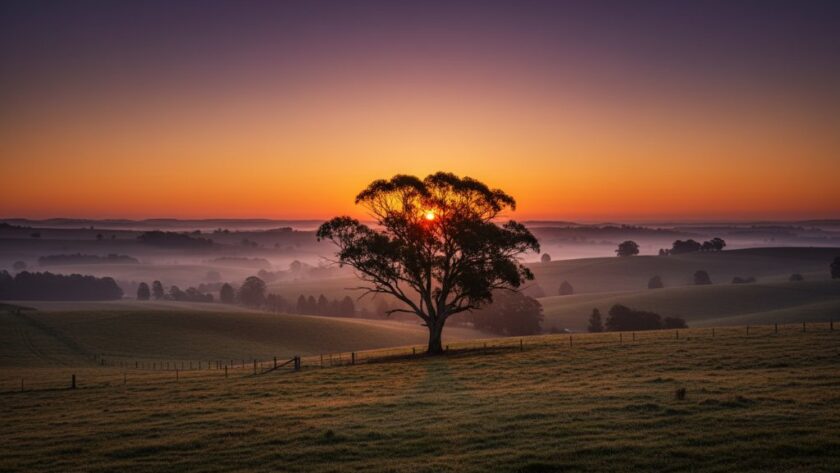 An epic moment captured in Korumburra Fine Art Photography, depicting a lone figure silhouetted against a dramatic sunset over rolling Gippsland hills, creating a masterpiece of light and shadow.