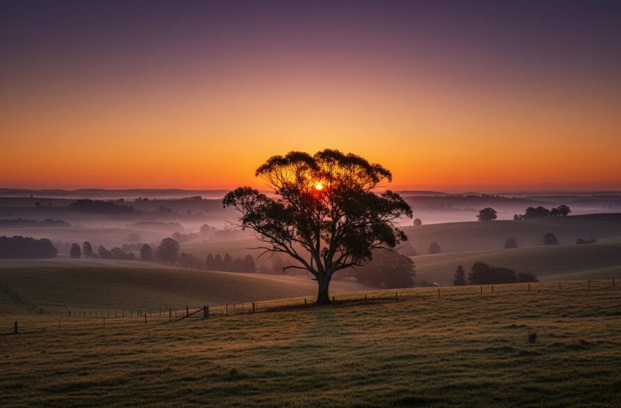 An epic moment captured in Korumburra Fine Art Photography, depicting a lone figure silhouetted against a dramatic sunset over rolling Gippsland hills, creating a masterpiece of light and shadow.