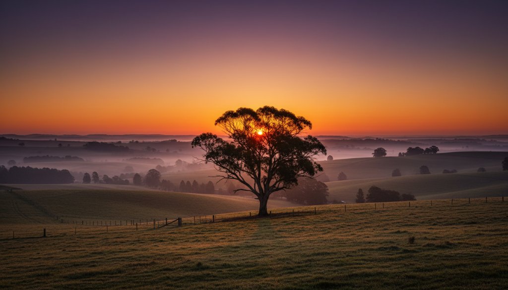 An epic moment captured in Korumburra Fine Art Photography, depicting a lone figure silhouetted against a dramatic sunset over rolling Gippsland hills, creating a masterpiece of light and shadow.