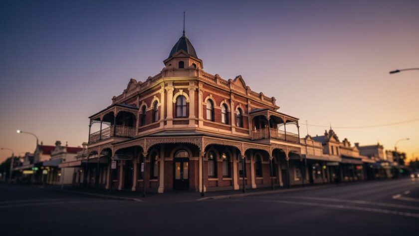 An epic moment capture by Korumburra heritage building photography experts, showcasing the majestic historical facade of a prominent Korumburra Victorian building at twilight, bathed in dramatic golden hour light with intricate details highlighted and a stunning sky overhead, evoking a sense of timeless grandeur.