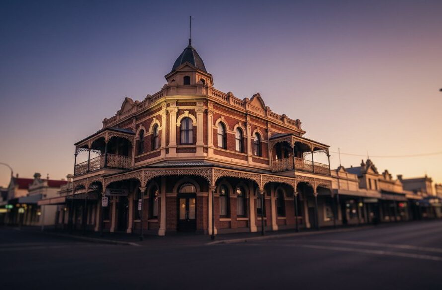 An epic moment capture by Korumburra heritage building photography experts, showcasing the majestic historical facade of a prominent Korumburra Victorian building at twilight, bathed in dramatic golden hour light with intricate details highlighted and a stunning sky overhead, evoking a sense of timeless grandeur.