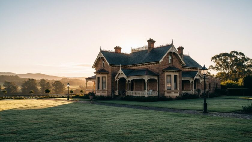 A dramatic wide-angle shot showcasing a grand Korumburra heritage home real estate photography, bathed in golden hour light, with rolling green hills of rural Victoria in the background, conveying timeless elegance.