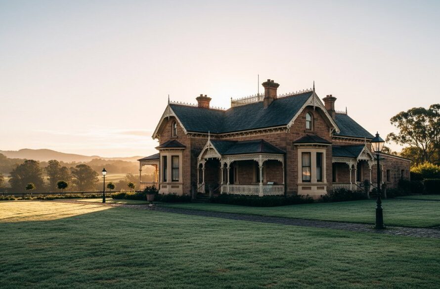 A dramatic wide-angle shot showcasing a grand Korumburra heritage home real estate photography, bathed in golden hour light, with rolling green hills of rural Victoria in the background, conveying timeless elegance.