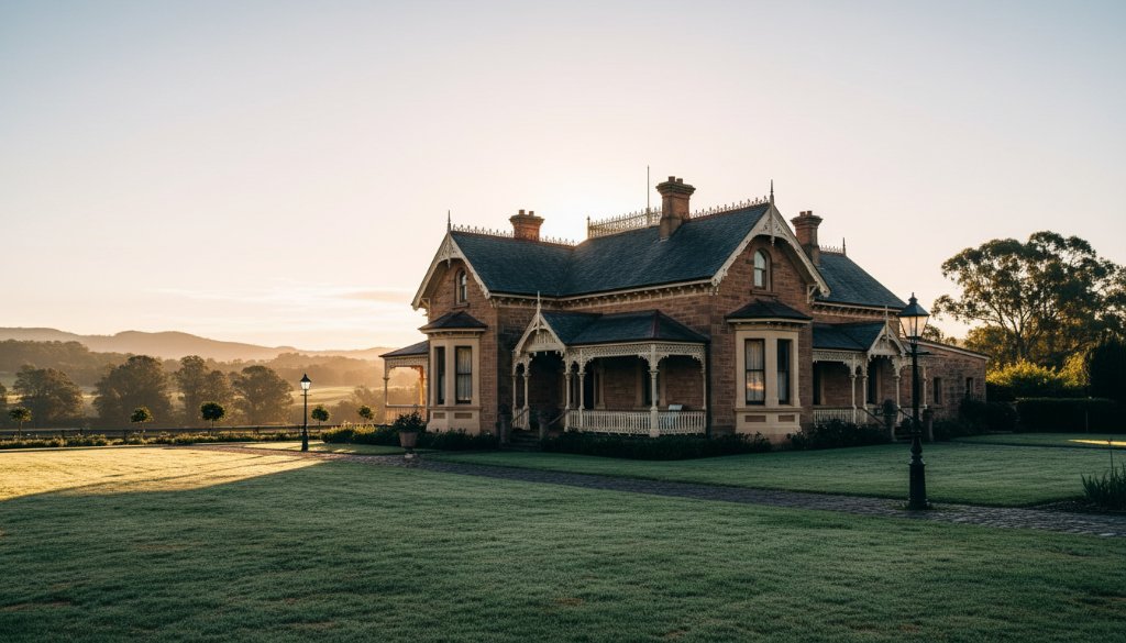 A dramatic wide-angle shot showcasing a grand Korumburra heritage home real estate photography, bathed in golden hour light, with rolling green hills of rural Victoria in the background, conveying timeless elegance.