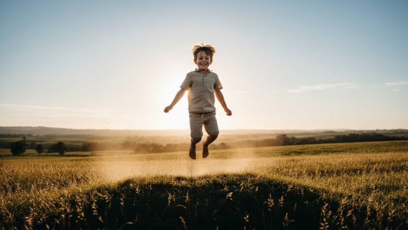 A professional, cinematic photograph capturing a child's genuine childhood joy during a Korumburra kids photography session, with the child laughing freely in a sun-dappled Korumburra park, autumn leaves swirling around them, showcasing the magic of an epic moment.