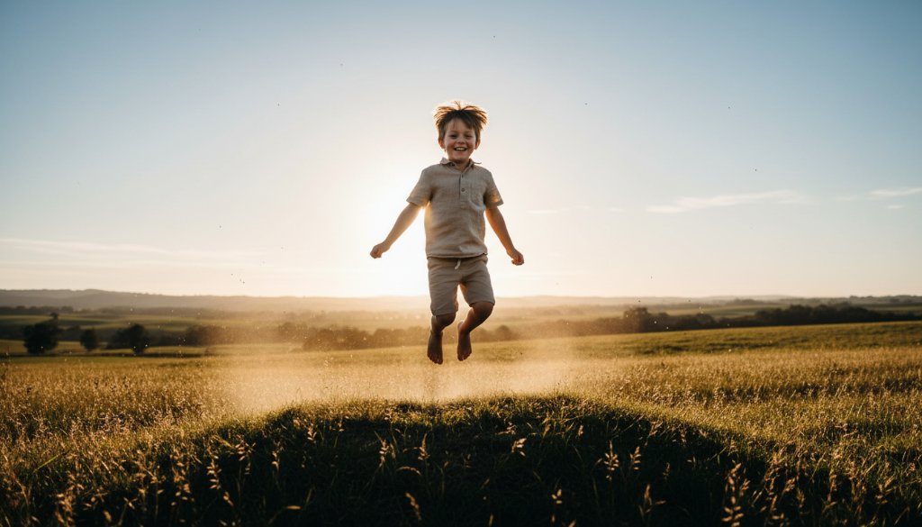 A professional, cinematic photograph capturing a child's genuine childhood joy during a Korumburra kids photography session, with the child laughing freely in a sun-dappled Korumburra park, autumn leaves swirling around them, showcasing the magic of an epic moment.