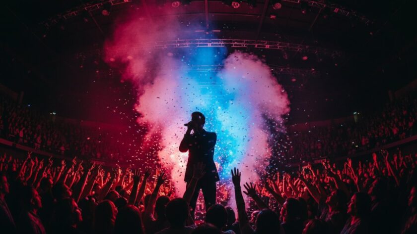 A dynamic wide shot capturing the energy of a Korumburra live music photography vibrant gigs performance, with a lead guitarist mid-shred under dramatic stage lighting and cheering crowd.