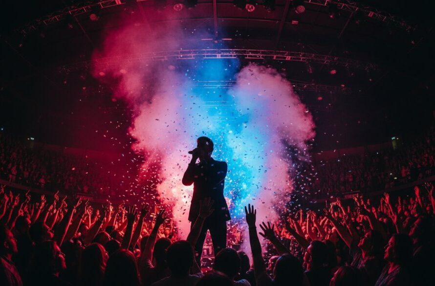 A dynamic wide shot capturing the energy of a Korumburra live music photography vibrant gigs performance, with a lead guitarist mid-shred under dramatic stage lighting and cheering crowd.