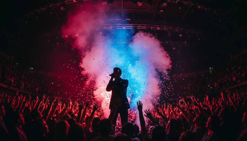 A dynamic wide shot capturing the energy of a Korumburra live music photography vibrant gigs performance, with a lead guitarist mid-shred under dramatic stage lighting and cheering crowd.