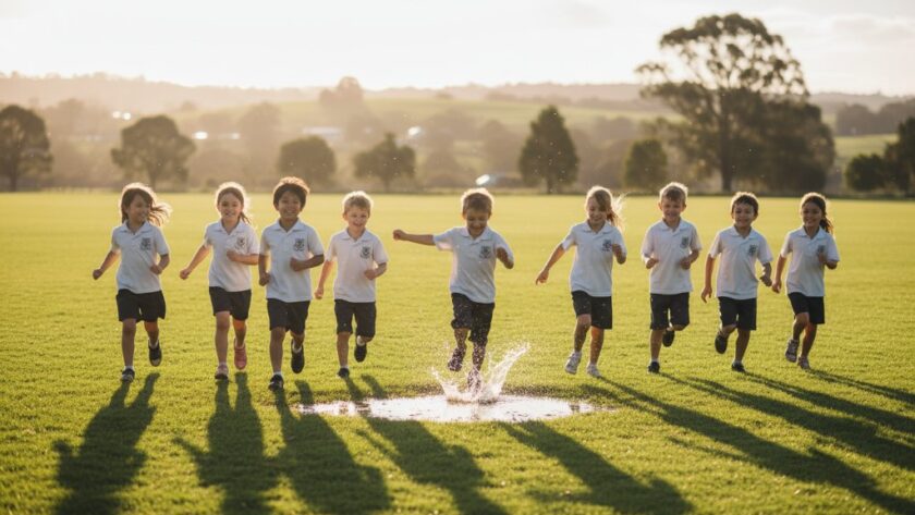 A joyous wide-angle photograph capturing Korumburra primary school candid photography for authentic memories, showing a group of laughing children running across a sun-drenched oval with the rolling green hills of Korumburra in the background, their teacher smiling on the side, bathed in warm, golden hour light, evoking pure childhood happiness.