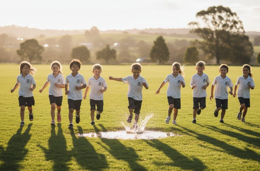 A joyous wide-angle photograph capturing Korumburra primary school candid photography for authentic memories, showing a group of laughing children running across a sun-drenched oval with the rolling green hills of Korumburra in the background, their teacher smiling on the side, bathed in warm, golden hour light, evoking pure childhood happiness.