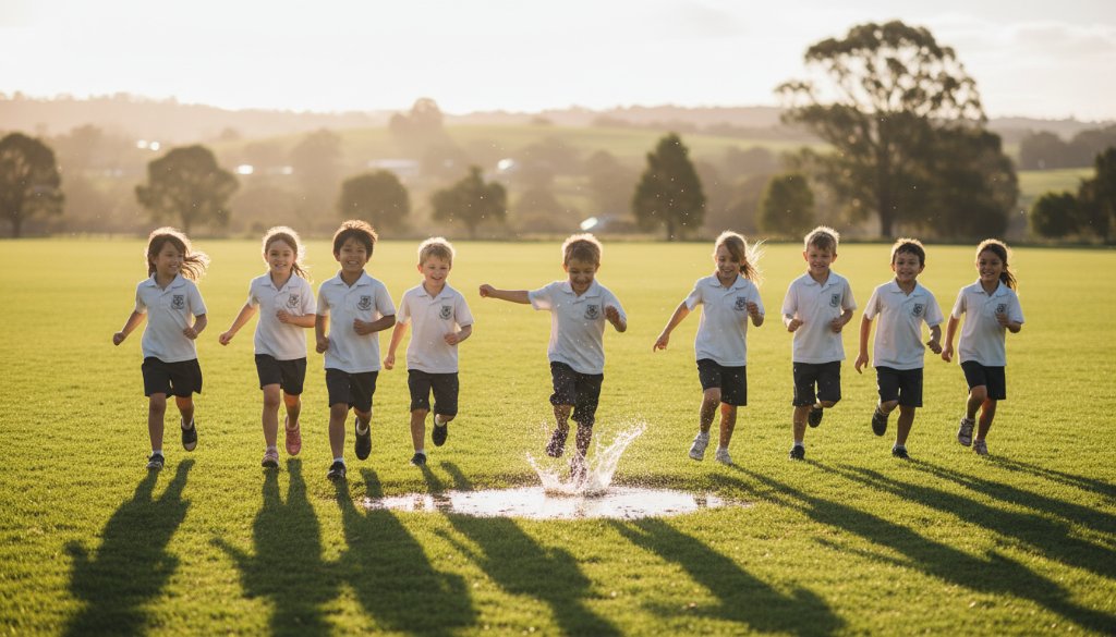 A joyous wide-angle photograph capturing Korumburra primary school candid photography for authentic memories, showing a group of laughing children running across a sun-drenched oval with the rolling green hills of Korumburra in the background, their teacher smiling on the side, bathed in warm, golden hour light, evoking pure childhood happiness.