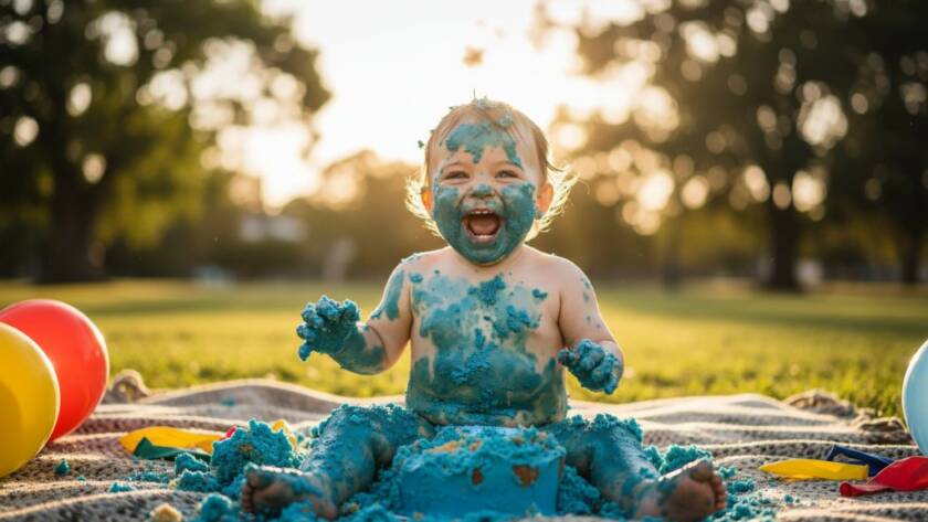 Epic moment capture during Kurunjang baby's first birthday cake smash photography, showing a joyous toddler covered in cake, laughing amidst colourful balloons and soft light, with a blurred Kurunjang park backdrop.