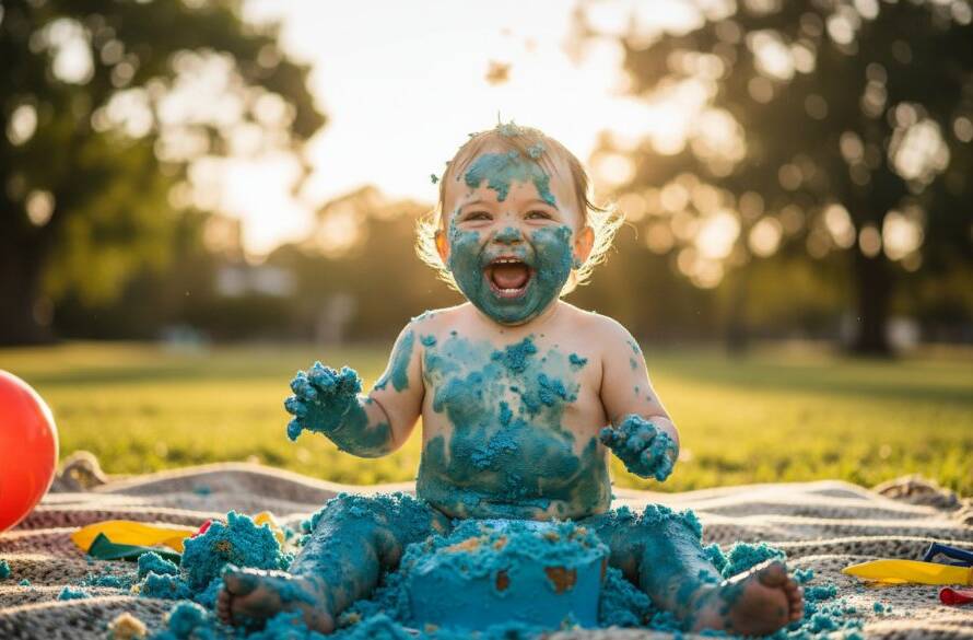 Epic moment capture during Kurunjang baby's first birthday cake smash photography, showing a joyous toddler covered in cake, laughing amidst colourful balloons and soft light, with a blurred Kurunjang park backdrop.
