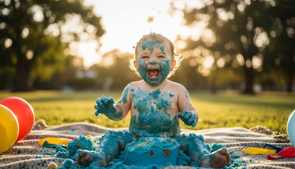 Epic moment capture during Kurunjang baby's first birthday cake smash photography, showing a joyous toddler covered in cake, laughing amidst colourful balloons and soft light, with a blurred Kurunjang park backdrop.