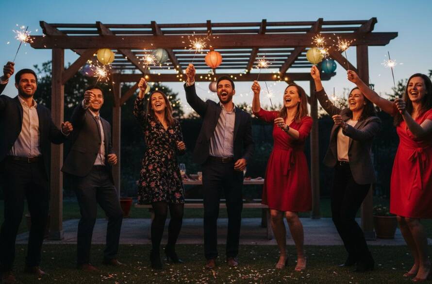 An epic moment captured by a Kurunjang birthday party photographer capturing joy, showing guests laughing and dancing under string lights at a vibrant outdoor celebration in Kurunjang, with professional cinematic lighting.