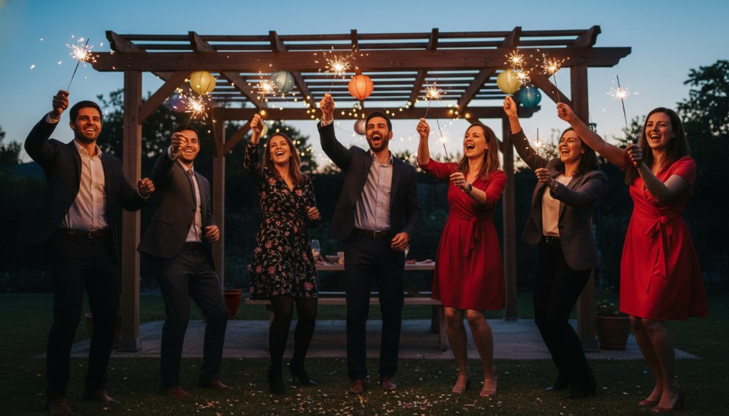 An epic moment captured by a Kurunjang birthday party photographer capturing joy, showing guests laughing and dancing under string lights at a vibrant outdoor celebration in Kurunjang, with professional cinematic lighting.