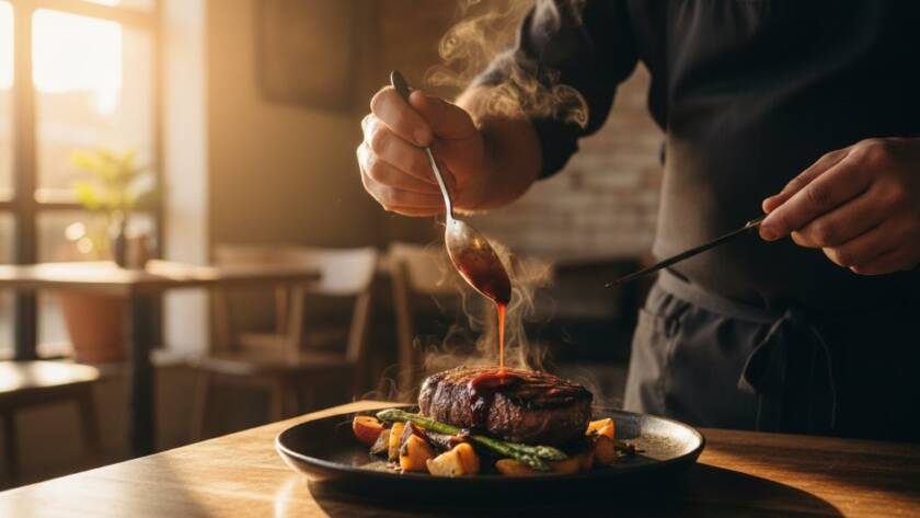 Dramatic close-up photograph of a perfectly styled gourmet burger with golden fries and a craft beer, dramatically lit on a rustic timber table in a bustling Kurunjang cafe, showcasing exceptional Kurunjang café food photography styling tips.
