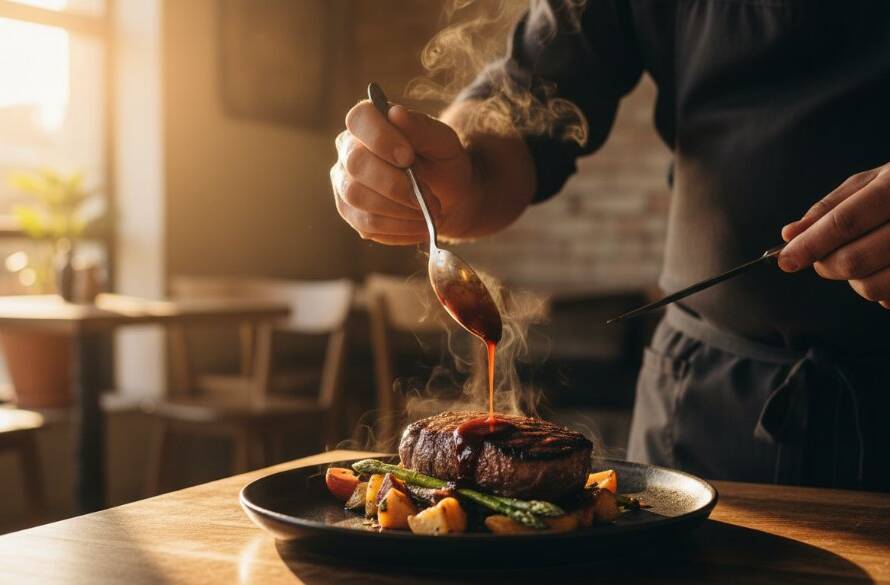 Dramatic close-up photograph of a perfectly styled gourmet burger with golden fries and a craft beer, dramatically lit on a rustic timber table in a bustling Kurunjang cafe, showcasing exceptional Kurunjang café food photography styling tips.