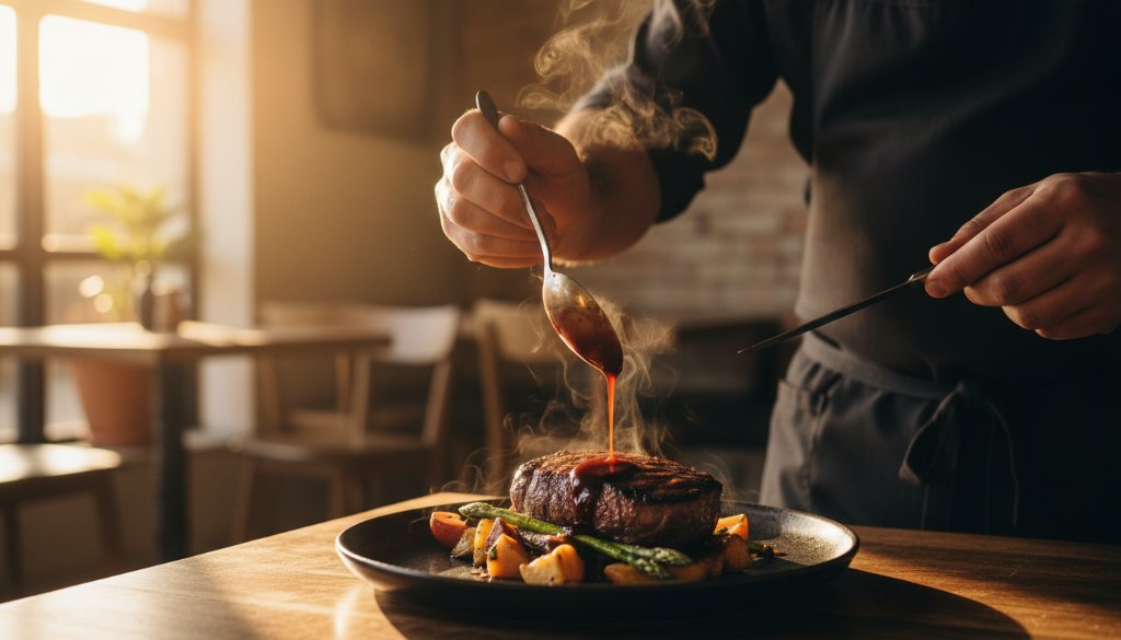 Dramatic close-up photograph of a perfectly styled gourmet burger with golden fries and a craft beer, dramatically lit on a rustic timber table in a bustling Kurunjang cafe, showcasing exceptional Kurunjang café food photography styling tips.