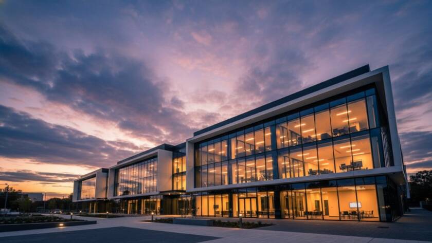 A wide-angle, epic moment photograph by Kurunjang commercial real estate photography specialists showcasing a beautifully lit, modern commercial building in Kurunjang at twilight, with warm interior lights glowing and a dynamic sky above.