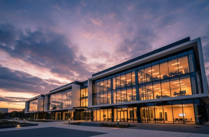 A wide-angle, epic moment photograph by Kurunjang commercial real estate photography specialists showcasing a beautifully lit, modern commercial building in Kurunjang at twilight, with warm interior lights glowing and a dynamic sky above.