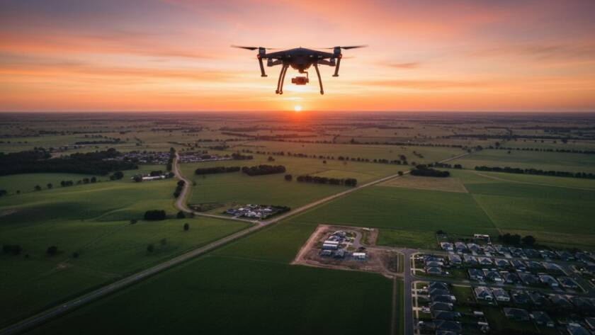 An epic moment of a drone soaring high above Kurunjang capturing panoramic Victoria, with golden hour light illuminating vast, green farmlands and distant urban outlines, highlighting the dramatic scale of the landscape.