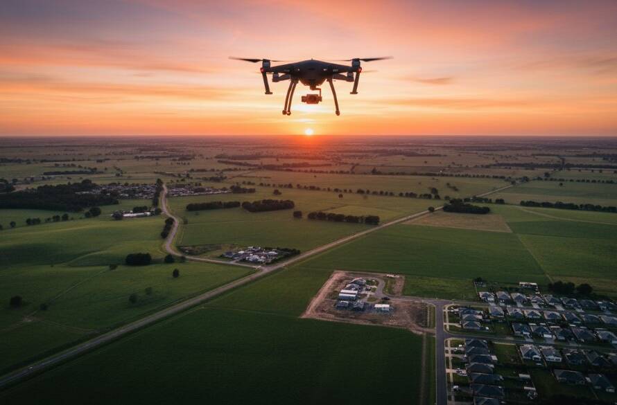 An epic moment of a drone soaring high above Kurunjang capturing panoramic Victoria, with golden hour light illuminating vast, green farmlands and distant urban outlines, highlighting the dramatic scale of the landscape.