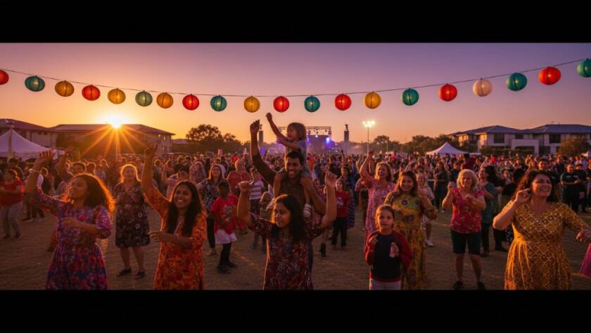 A wide-angle, cinematic photograph capturing a vibrant community festival in Kurunjang, Victoria, at sunset. Laughter and cheer fill the air as people gather, with the focus on a group of friends raising their glasses in a joyous toast, their faces illuminated by warm golden hour light. The iconic Kurunjang landscape forms a blurred, beautiful backdrop, ensuring Kurunjang event photography memorable moments are preserved.