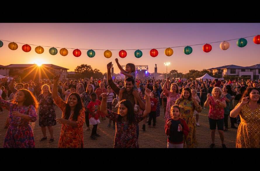 A wide-angle, cinematic photograph capturing a vibrant community festival in Kurunjang, Victoria, at sunset. Laughter and cheer fill the air as people gather, with the focus on a group of friends raising their glasses in a joyous toast, their faces illuminated by warm golden hour light. The iconic Kurunjang landscape forms a blurred, beautiful backdrop, ensuring Kurunjang event photography memorable moments are preserved.