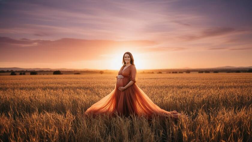 A stunning, professional photograph of a pregnant woman glowing during a Kurunjang maternity photography field sunset session, with golden hour light silhouetting her against a vast, open field, embodying serene anticipation.