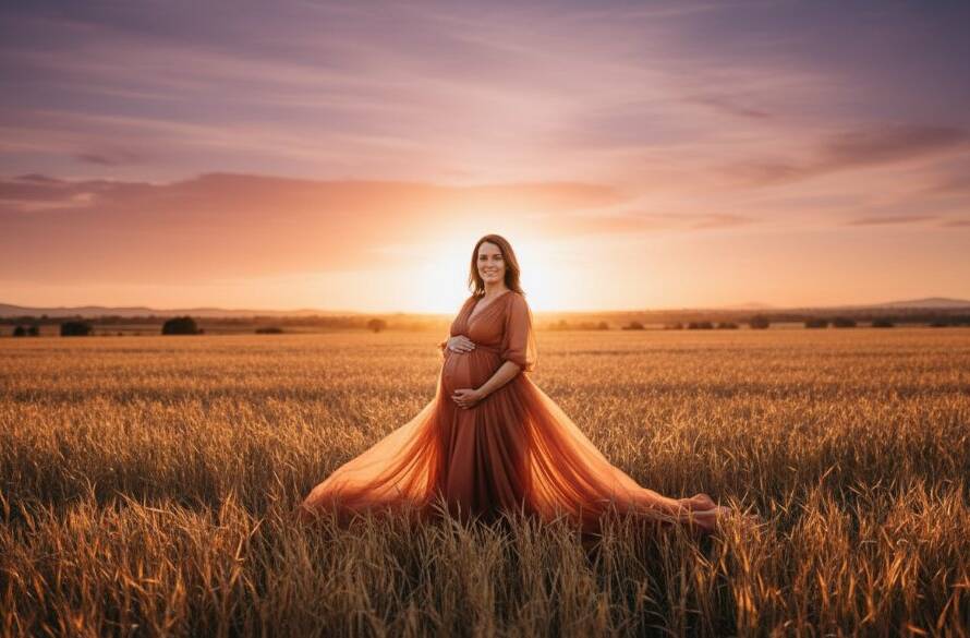 A stunning, professional photograph of a pregnant woman glowing during a Kurunjang maternity photography field sunset session, with golden hour light silhouetting her against a vast, open field, embodying serene anticipation.