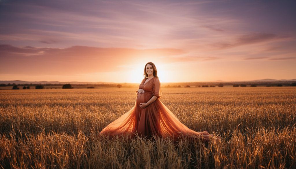 A stunning, professional photograph of a pregnant woman glowing during a Kurunjang maternity photography field sunset session, with golden hour light silhouetting her against a vast, open field, embodying serene anticipation.